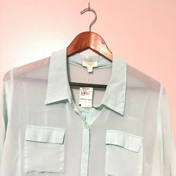 Y2K Light Aqua Sheer Button-Up Blouse Pockets & Roll-Up Sleeves By Pearl Size L - Picture 2 of 7